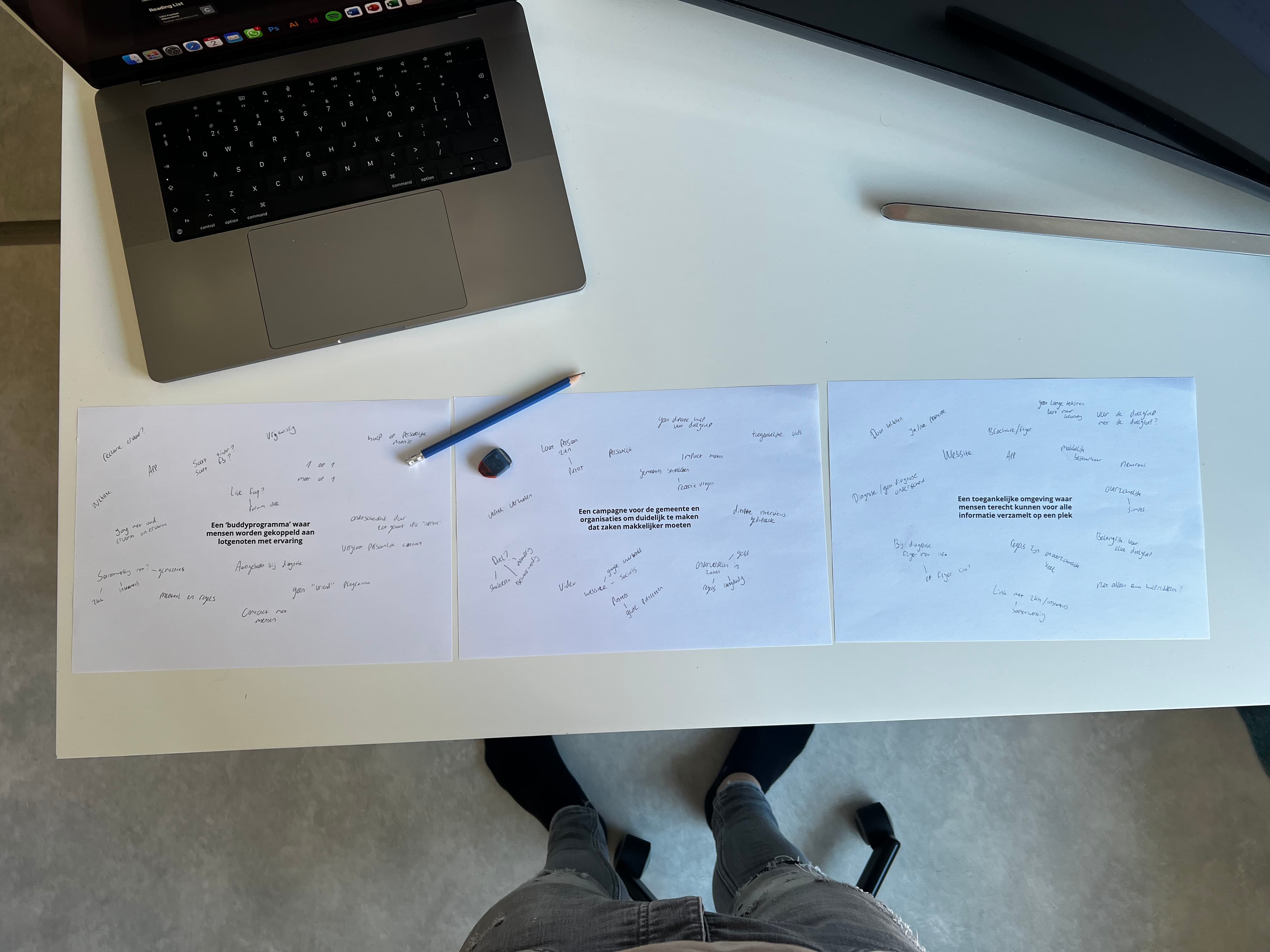 Een foto waarop 3 bladen liggen met daarop de gekozen concepten van Rick Marcelissen. Op de bladen zijn met pen ideeën geschreven om de concepten uit te breiden.