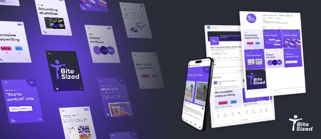 Een visual van verschillende social-media posts waarop ontwertips worden gegeven en ontwerptools worden aangeboden. Rechts staan 3 weergaven van de instagram en LinkedIn paginas van BiteSized.