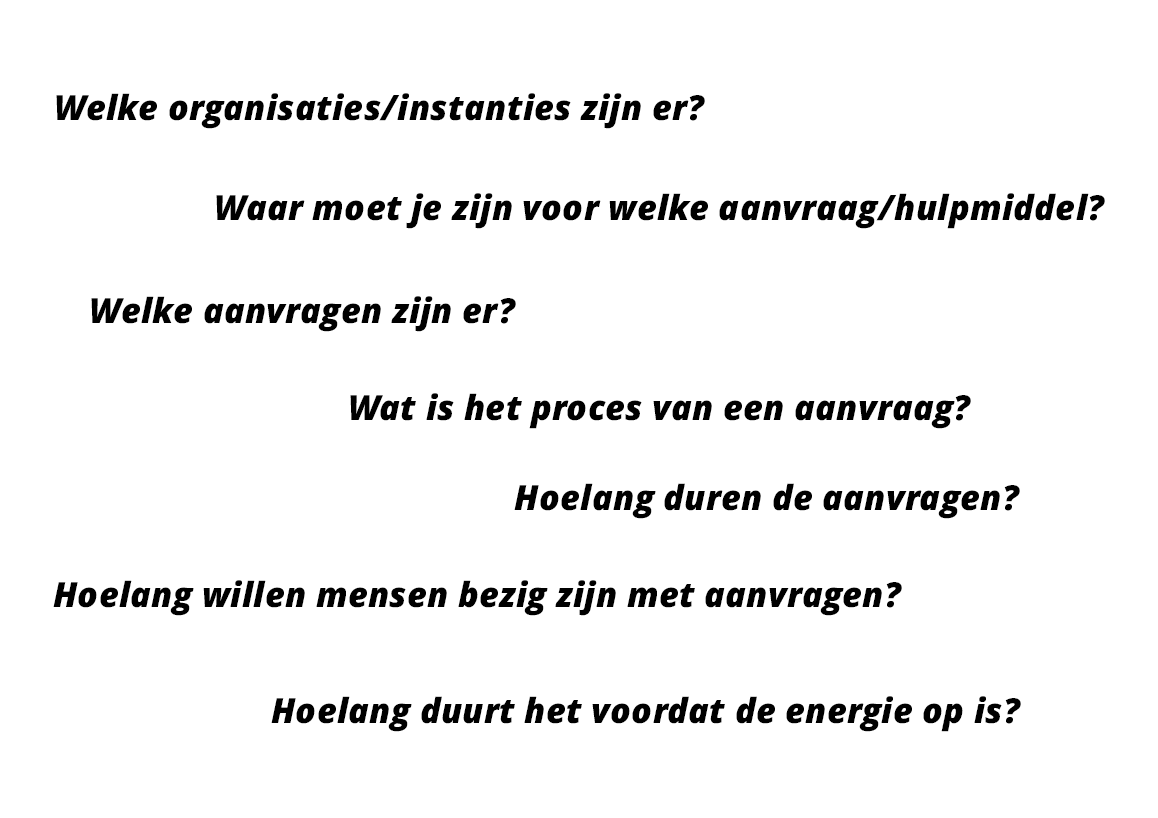 Een opsomming van deelvragen: Welke organisaties/instanties zijn er? Waar moet je zijn voor welke aanvraag/hulpmiddel? Welke aanvragen zijn er? Wat is het proces van een aanvraag? Hoelang duren de aanvragen? Hoelang willen mensen bezig zijn met aanvragen? Hoelang duurt het voordat de energie op is?