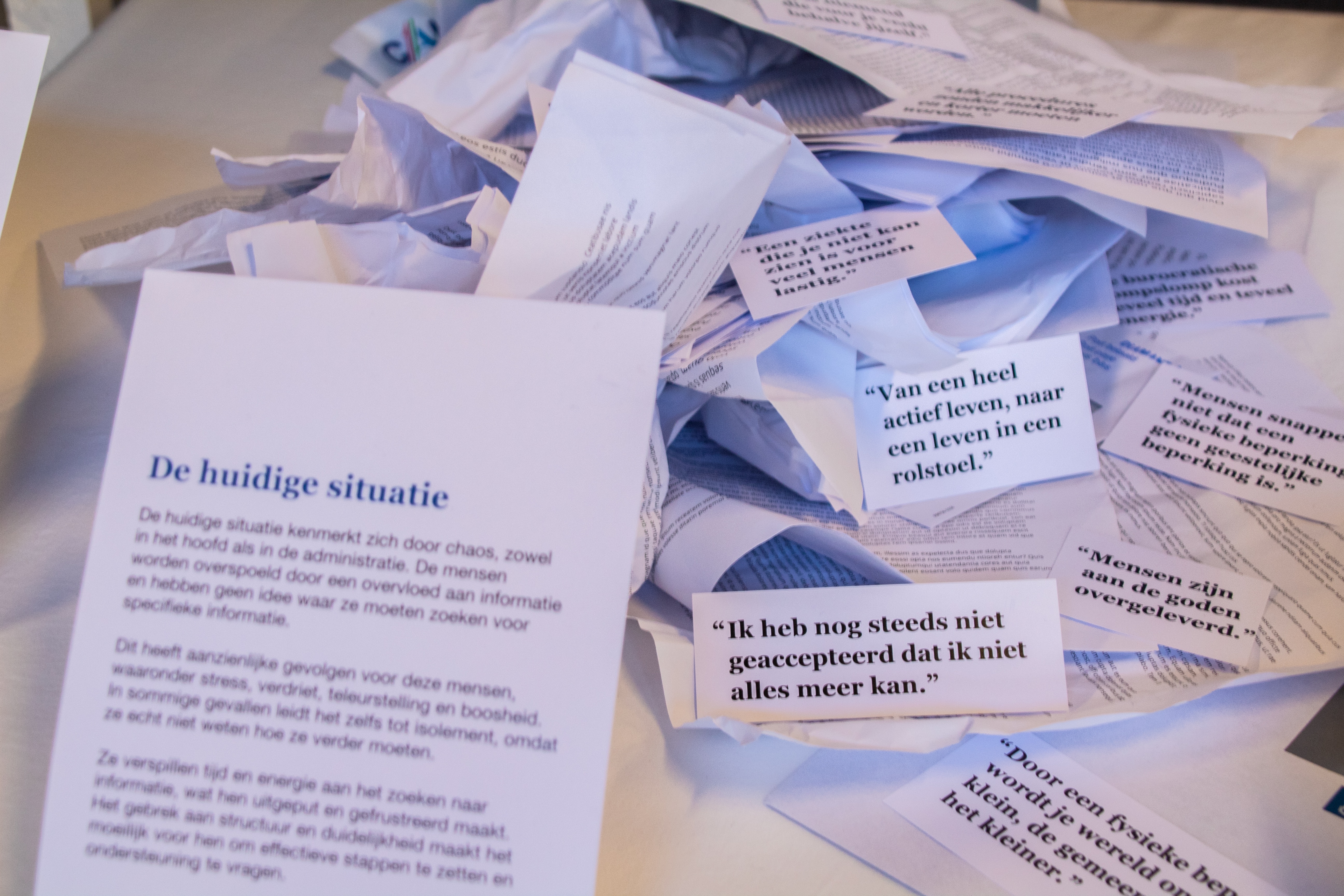 Gedetailleerde afbeelding van de huidige situatie. Chaos in de vorm van gefrommelde papiertjes.