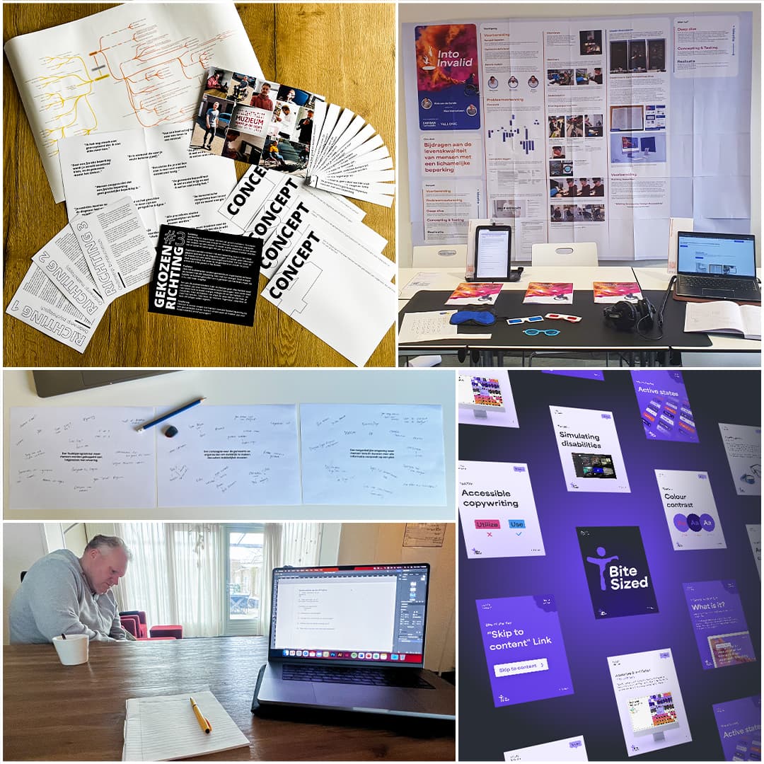 Een fotocollage van tafelpresentaties, een brainstorm, een interview en ene uitwerking van een concept.
