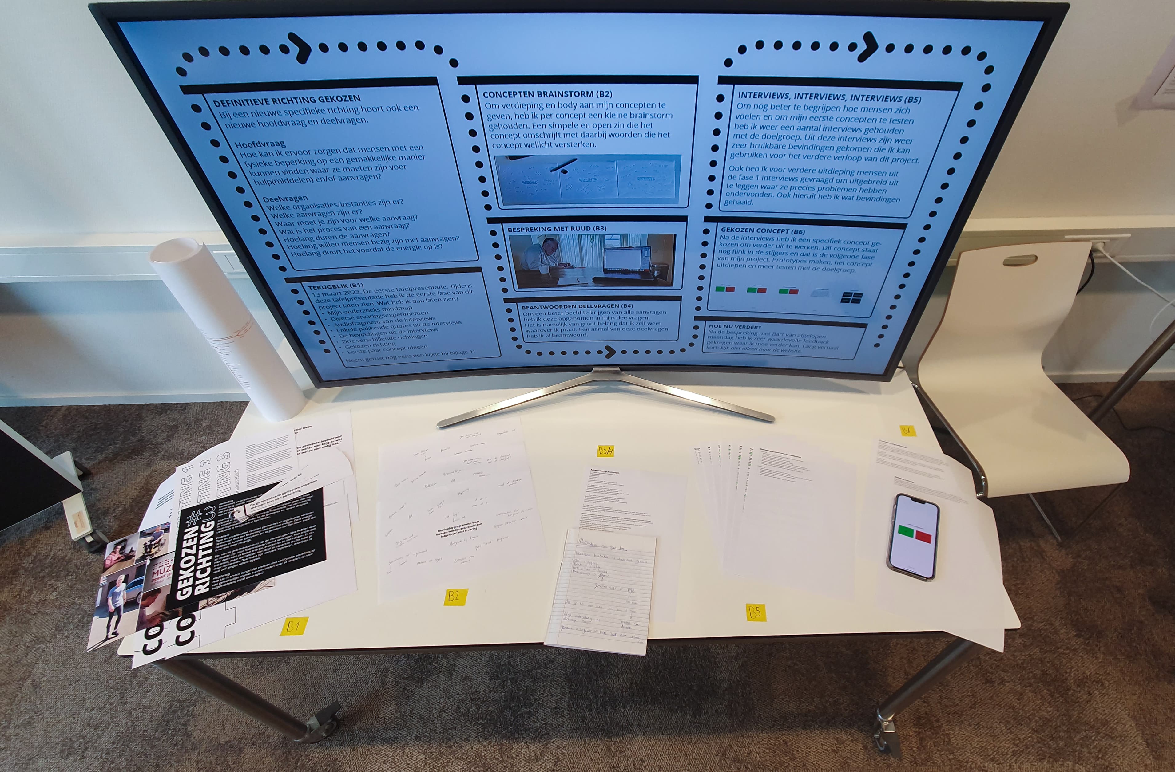 Een foto van de expositie die Rick Marcelissen heeft neergelegd tijdens de tweede tafelpresentatie. De foto is vanboven genomen, waardoor de tekstdocumenten en een prototype zichtbaar zijn.